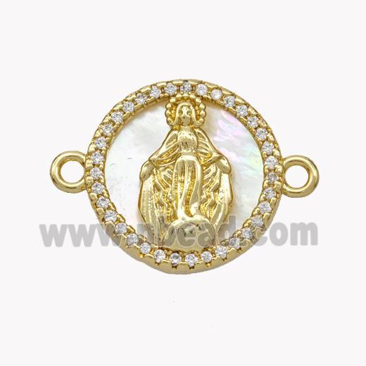 Copper Virgin Mary Connector Pave Shell Zirconia Circle 18K Gold Plated