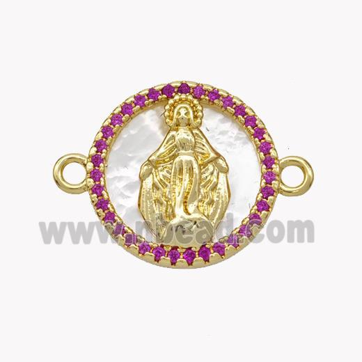 Copper Virgin Mary Connector Pave Shell Zirconia Circle 18K Gold Plated