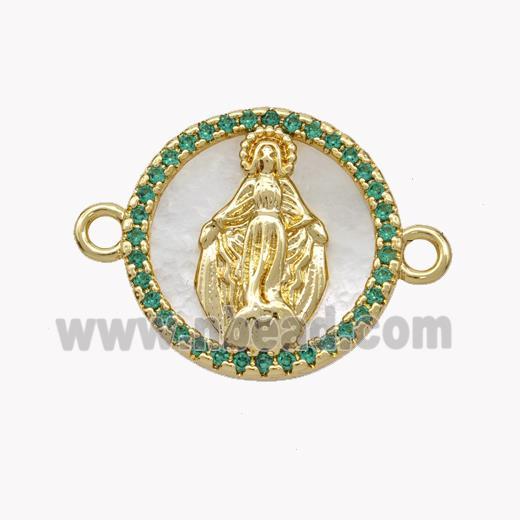 Copper Virgin Mary Connector Pave Shell Zirconia Circle 18K Gold Plated