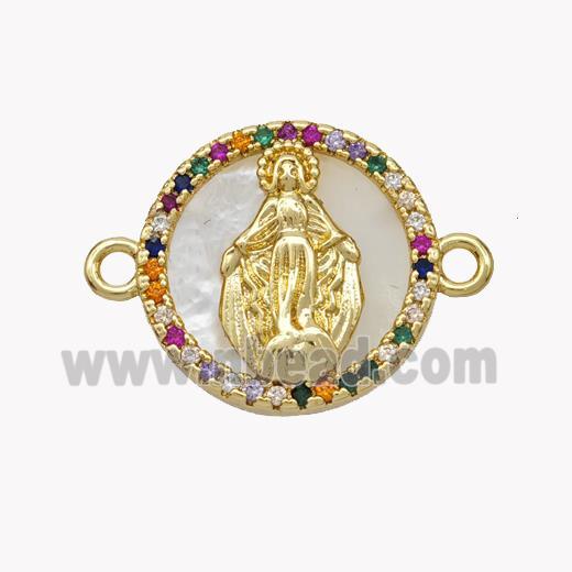 Copper Virgin Mary Connector Pave Shell Zirconia Circle 18K Gold Plated