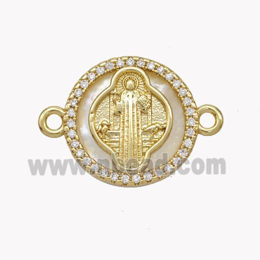 Copper Saint Jude Connector Pave Shell Zirconia Circle 18K Gold Plated