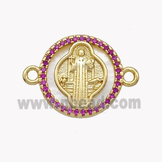 Copper Saint Jude Connector Pave Shell Zirconia Circle 18K Gold Plated