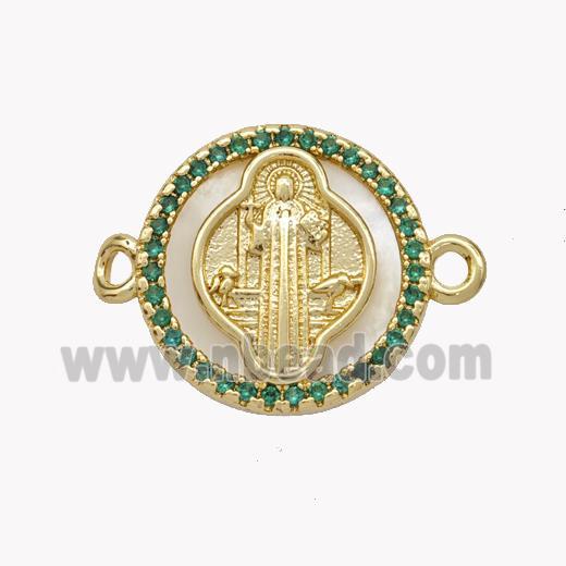 Copper Saint Jude Connector Pave Shell Zirconia Circle 18K Gold Plated