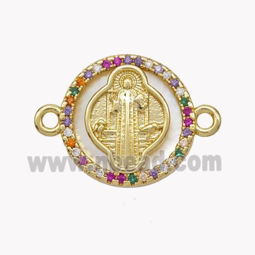 Copper Saint Jude Connector Pave Shell Zirconia Circle 18K Gold Plated