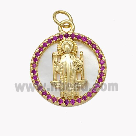 Copper Saint Jude Pendant Pave Shell Zirconia Circle 18K Gold Plated