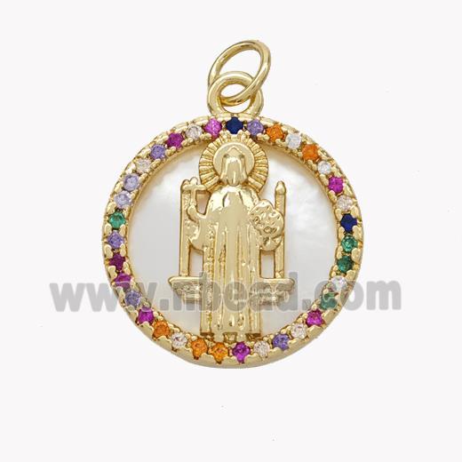 Copper Saint Jude Pendant Pave Shell Zirconia Circle 18K Gold Plated