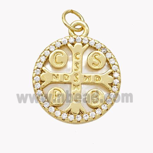 Saint Bendict Charms Copper Cross Pendant Pave Shell Zirconia CSSML NDSMD 18K Gold Plated