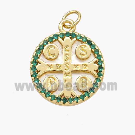 Saint Bendict Charms Copper Cross Pendant Pave Shell Zirconia CSSML NDSMD 18K Gold Plated