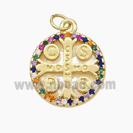 Saint Bendict Charms Copper Cross Pendant Pave Shell Zirconia CSSML NDSMD 18K Gold Plated