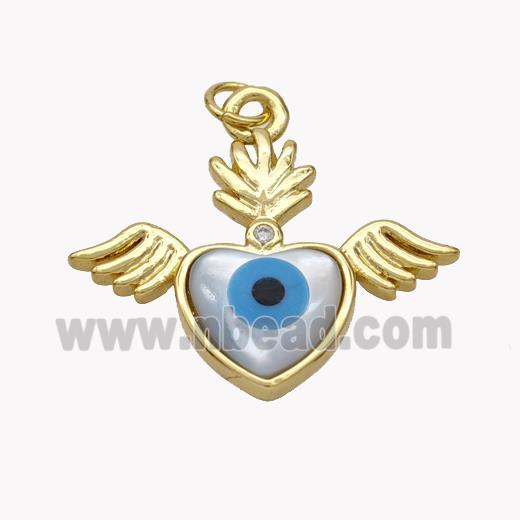 Copper Angel Wings Pendant Pave Shell Heart Evil Eye 18K Gold Plated