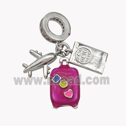 Airplanet and Travel-box Pendant Hotpink Enamel Platinum Plated