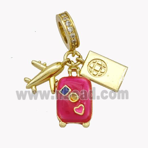 Airplanet and Travel-box Pendant Hotpink Enamel Gold Plated