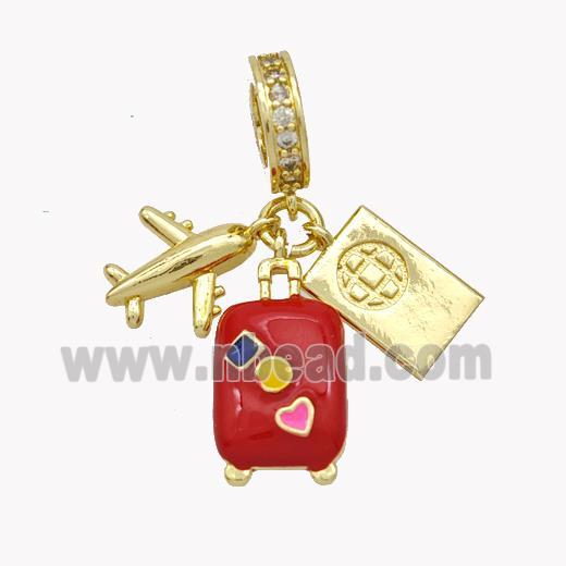 Airplanet and Travel-box Pendant Red Enamel Gold Plated