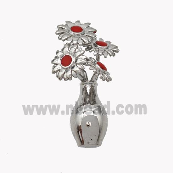 Copper Flower Pendant Red Enamel Plant Platinum Plated