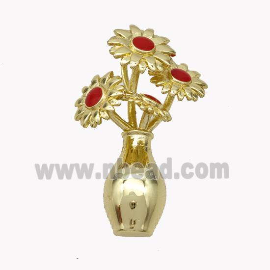 Copper Flower Pendant Red Enamel Plant Gold Plated