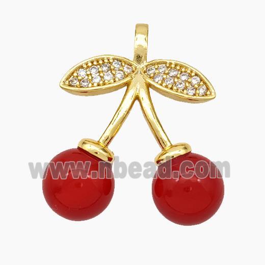 Copper Cherry Pendant Pave Red Pearlized Resin Gold Plated