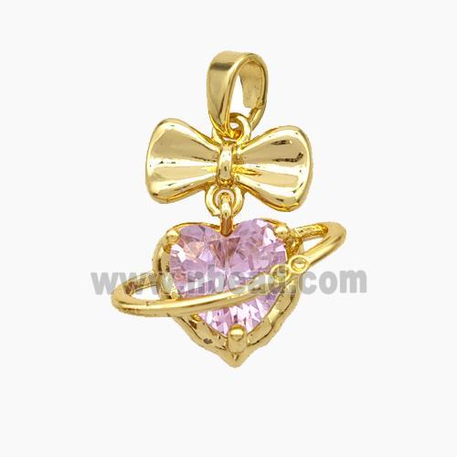 Copper Bow Heart Pendant Pave Pink Crystal Glass Gold Plated