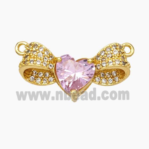 Copper Bow Heart Pendant Pave Pink Crystal Glass Zirconia 2loops Gold Plated