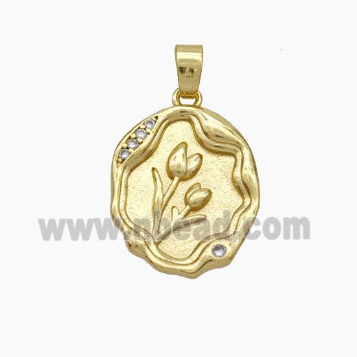 Copper Tulip Pendant Pave Zirconia Flower Gold Plated