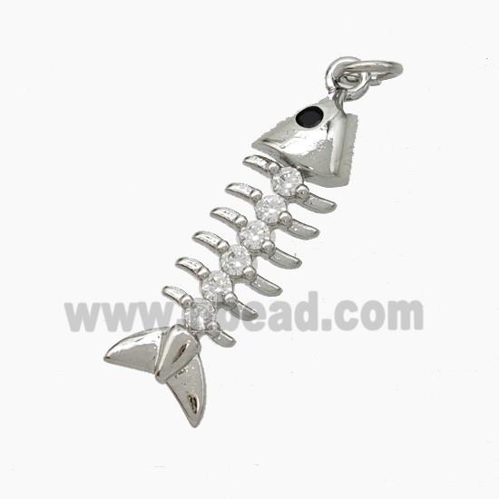 Copper Fishbone Pendant Pave Zirconia Platinum Plated