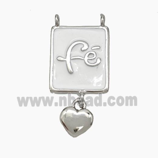 Copper Fe Rectangle Pendant White Enamel 2loops Heart Platinum Plated