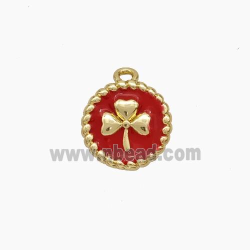 Copper Circle Pendant Red Enamel Clover Gold Plated
