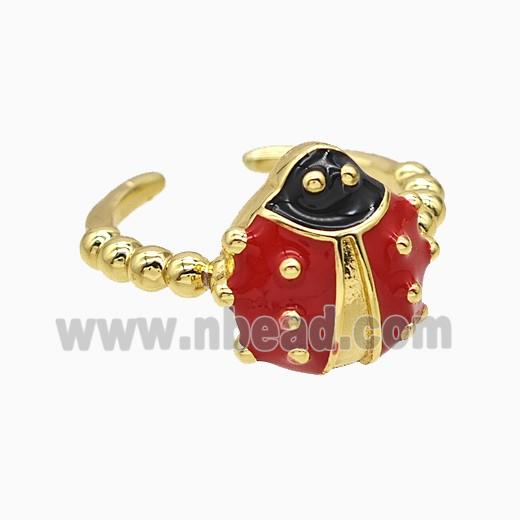 Copper Ladybug Rings Red Enamel Gold Plated