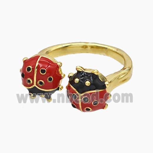 Copper Ladybug Rings Red Enamel Gold Plated