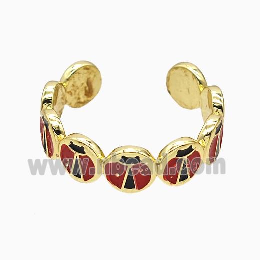 Copper Ladybug Rings Red Enamel Gold Plated