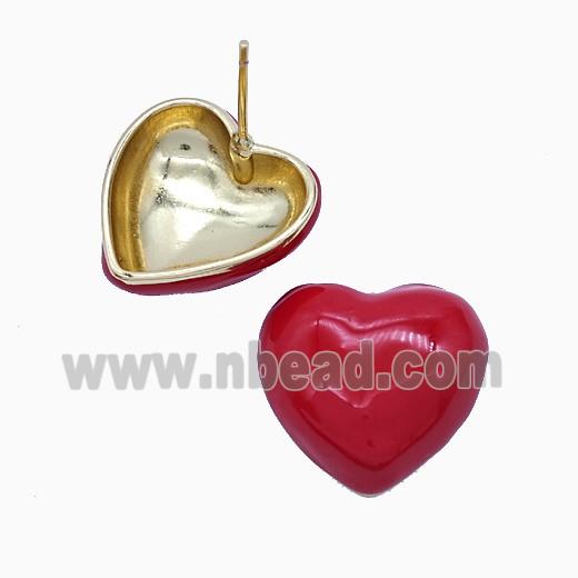 Copper Heart Stud Earrings Red Enamel Gold Plated