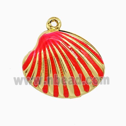 Copper Scallop Shell Pendant Red Enamel Gold Plated