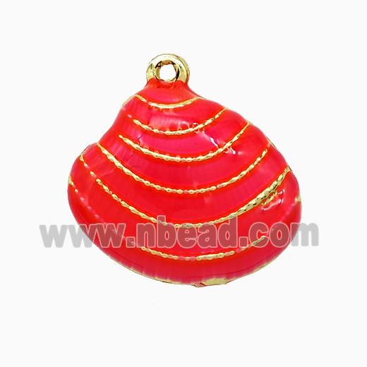 Copper Scallop Shell Pendant Red Enamel Gold Plated