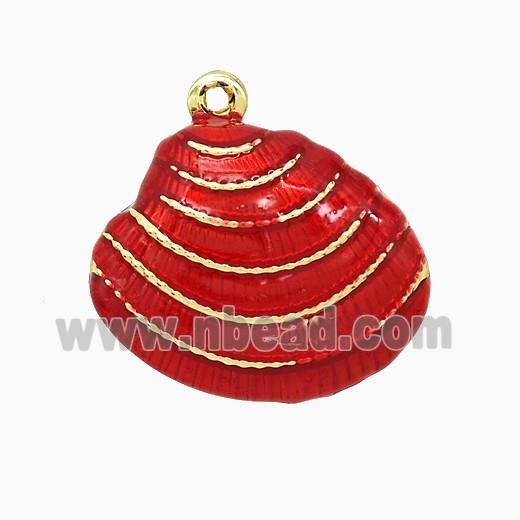 Copper Scallop Shell Pendant Red Enamel Gold Plated