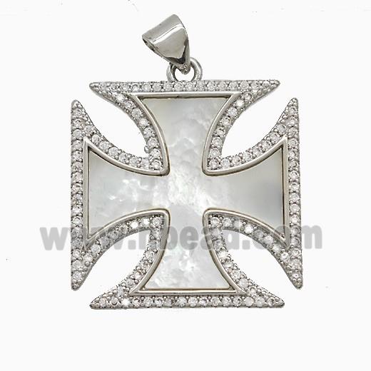 Copper Cross Pendant Pave Zirconia Shell Platinum Plated
