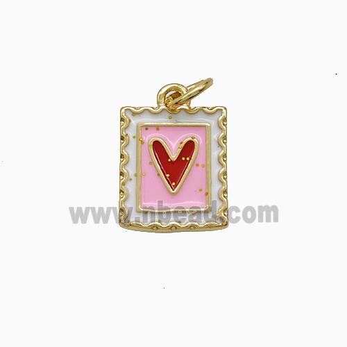 Copper Heart Pendant Red Pink Enamel Rectangle Gold Plated