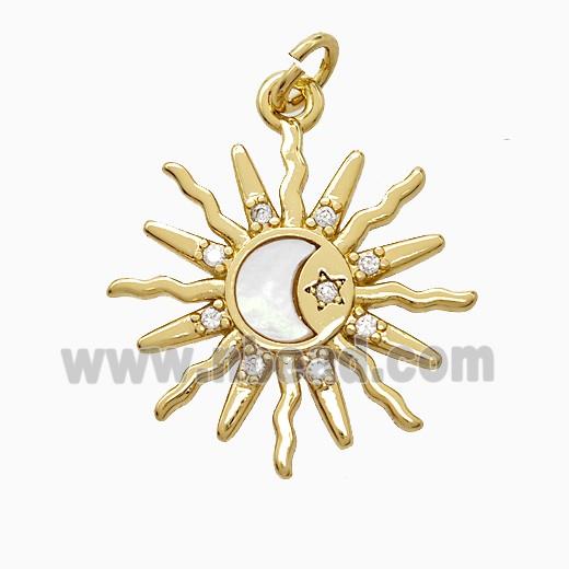 Copper Moon Pendant Pave Shell Zirconia Sun Gold Plated