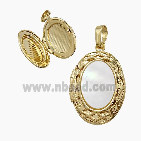 Copper Oval Locket Pendant Pave Shell 18K Gold Plated