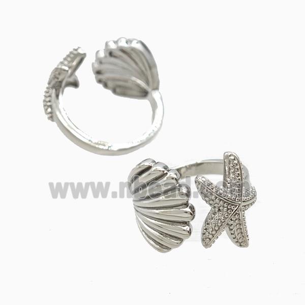 Copper Starfish And Scallop Shell Rings Platinum Plated