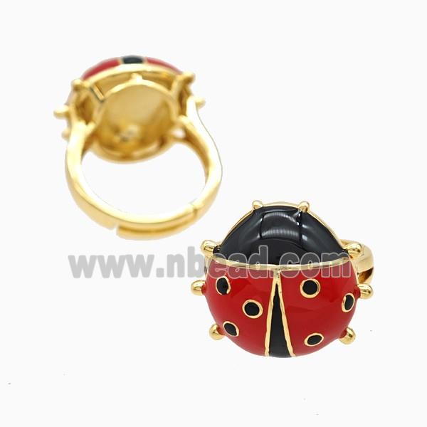 Copper Ladybug Rings Red Enamel Adjustable 18K Gold Plated