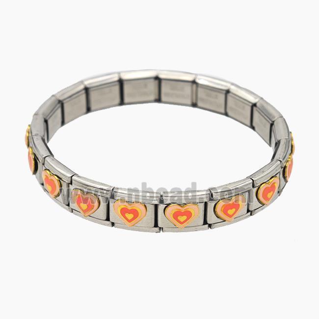 Raw Stainless Steel Module Bracelet With Heart Orange Enamel