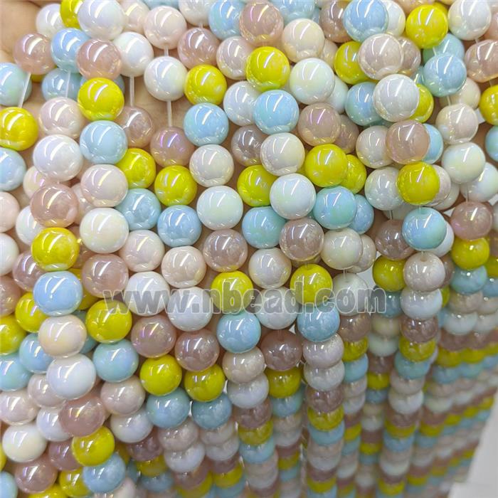Round Jadeite Glass Beads Mixed Color Electroplated Smooth