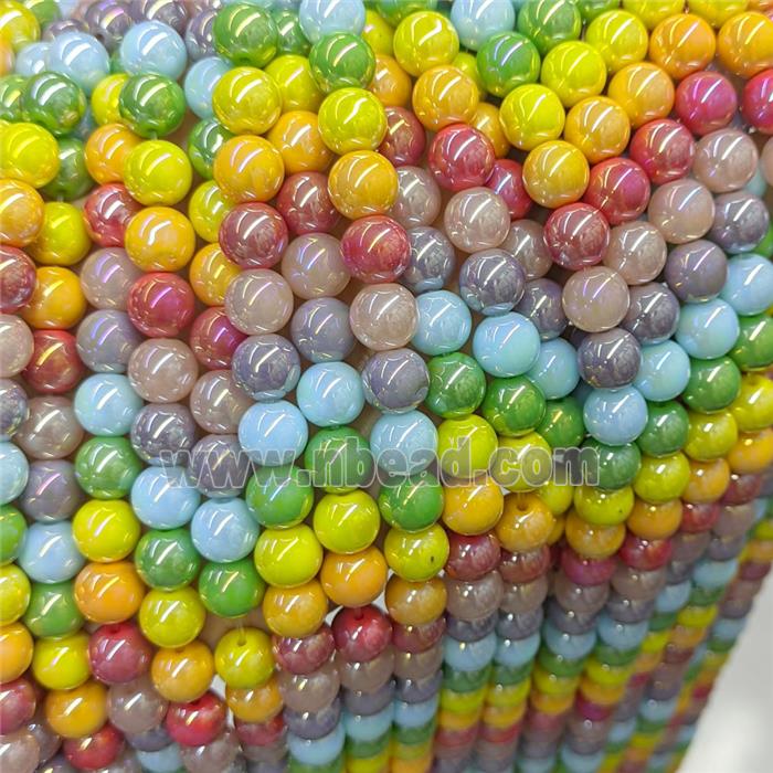 Round Jadeite Glass Beads Mixed Color Electroplated Smooth