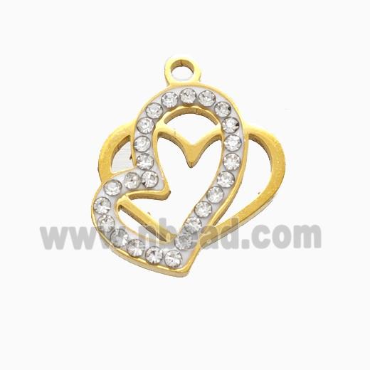 Stainless Steel Heart Pendant Pave Rhinestone Gold Plated