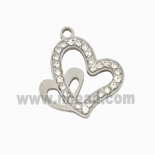 Raw Stainless Steel Heart Pendant Pave Rhinestone