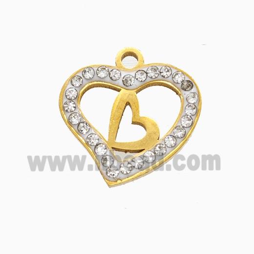 Stainless Steel Heart Pendant Pave Rhinestone Gold Plated