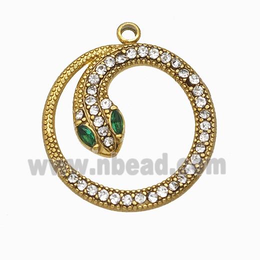 Stainless Steel Snake Pendant Pave Rhinestone Gold Plated