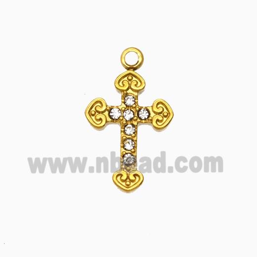 Stainless Steel Cross Pendant Pave Rhinestone Gold Plated
