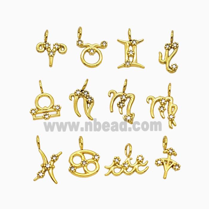 Stainless Steel Zodiac Pendant Pave Rhinestone Gold Plated Mixed