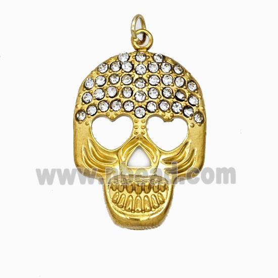 Stainless Steel Skull Pendant Pave Rhinestone Gold Plated