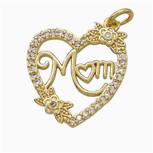 Copper Heart Pendant Pave Zirconia Mom Gold Plated, approx 17-18mm